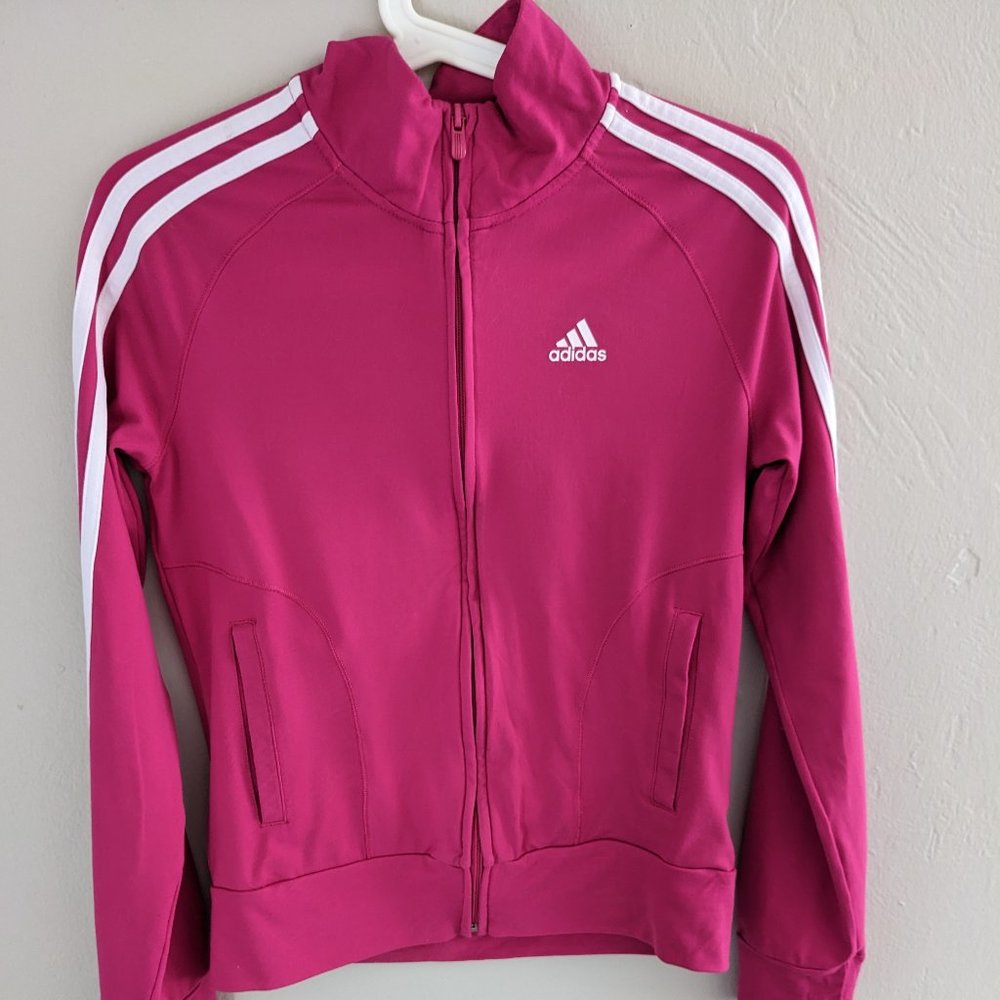 Adidas fuchsia pink track jacket white stripes size S (fits like XS)